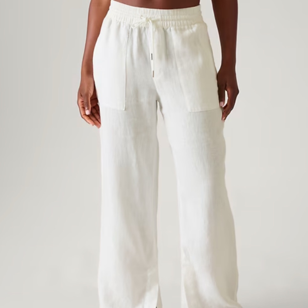 Athleta Retreat Wide Leg Linen Pants, White, Size Small
